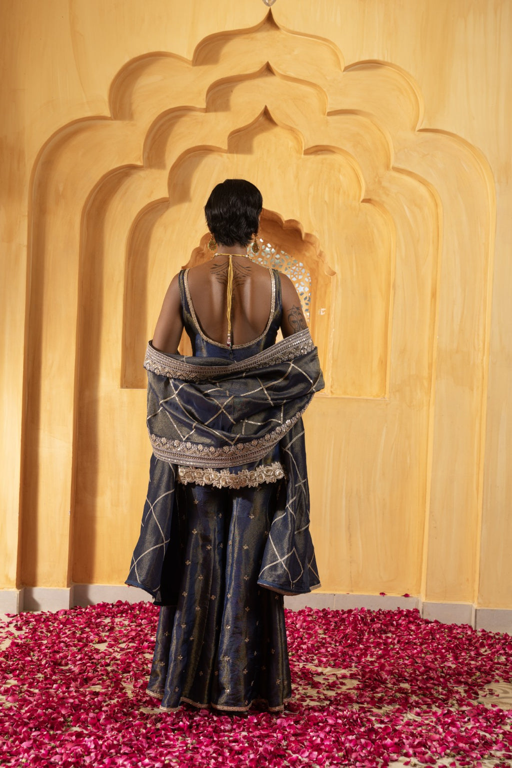 Mihira- Short Kurta, Sharara and Dupatta - Blue