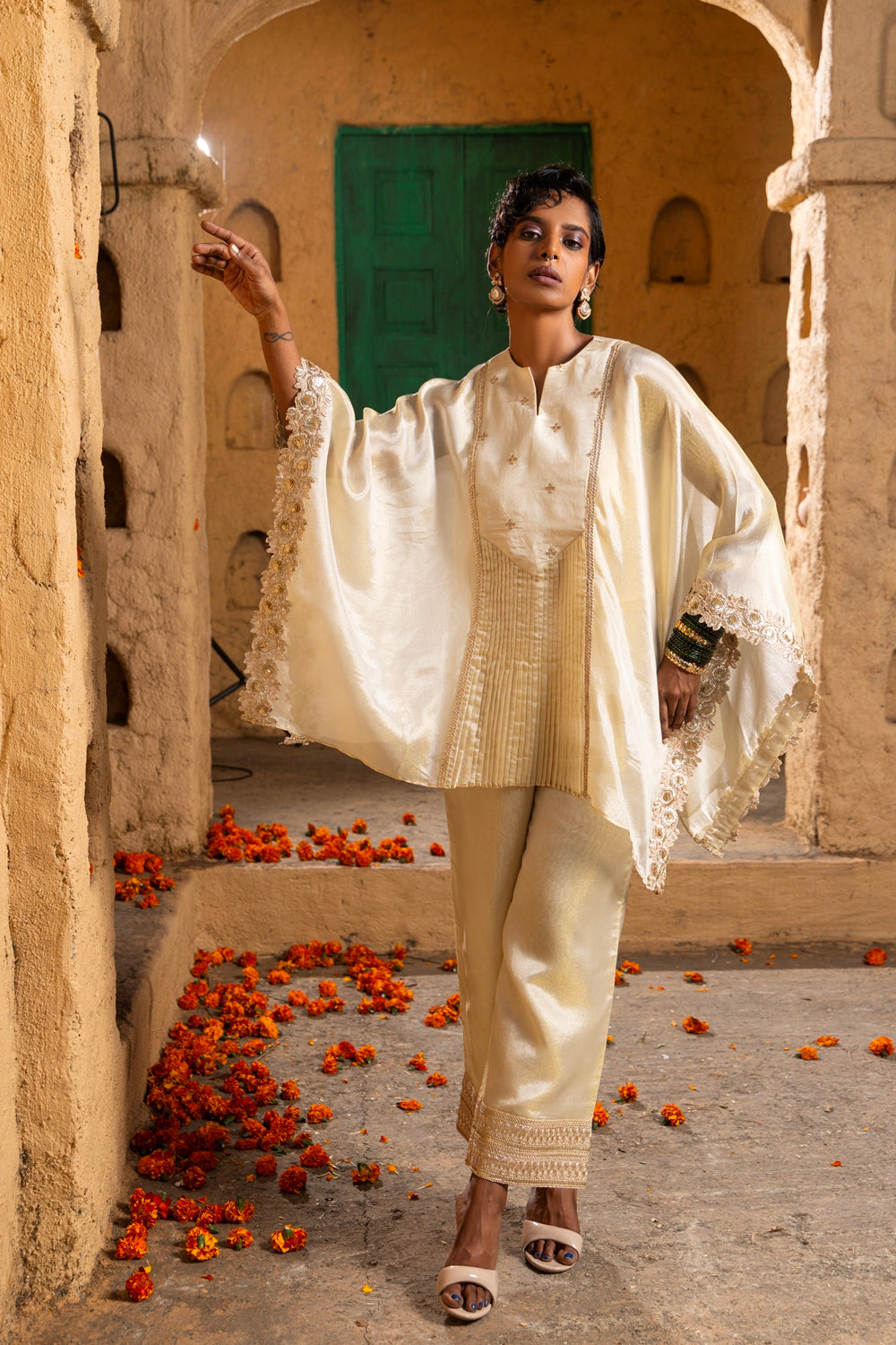 Lasya-Kaftan Bottom Co-ord set-Lime Green