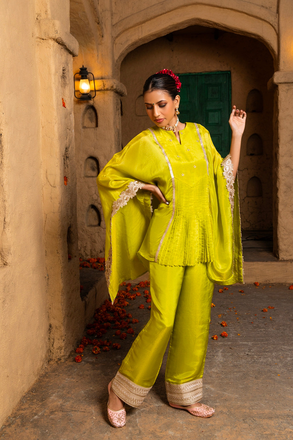 Lasya-Kaftan Bottom Co-ord set-Lime Green