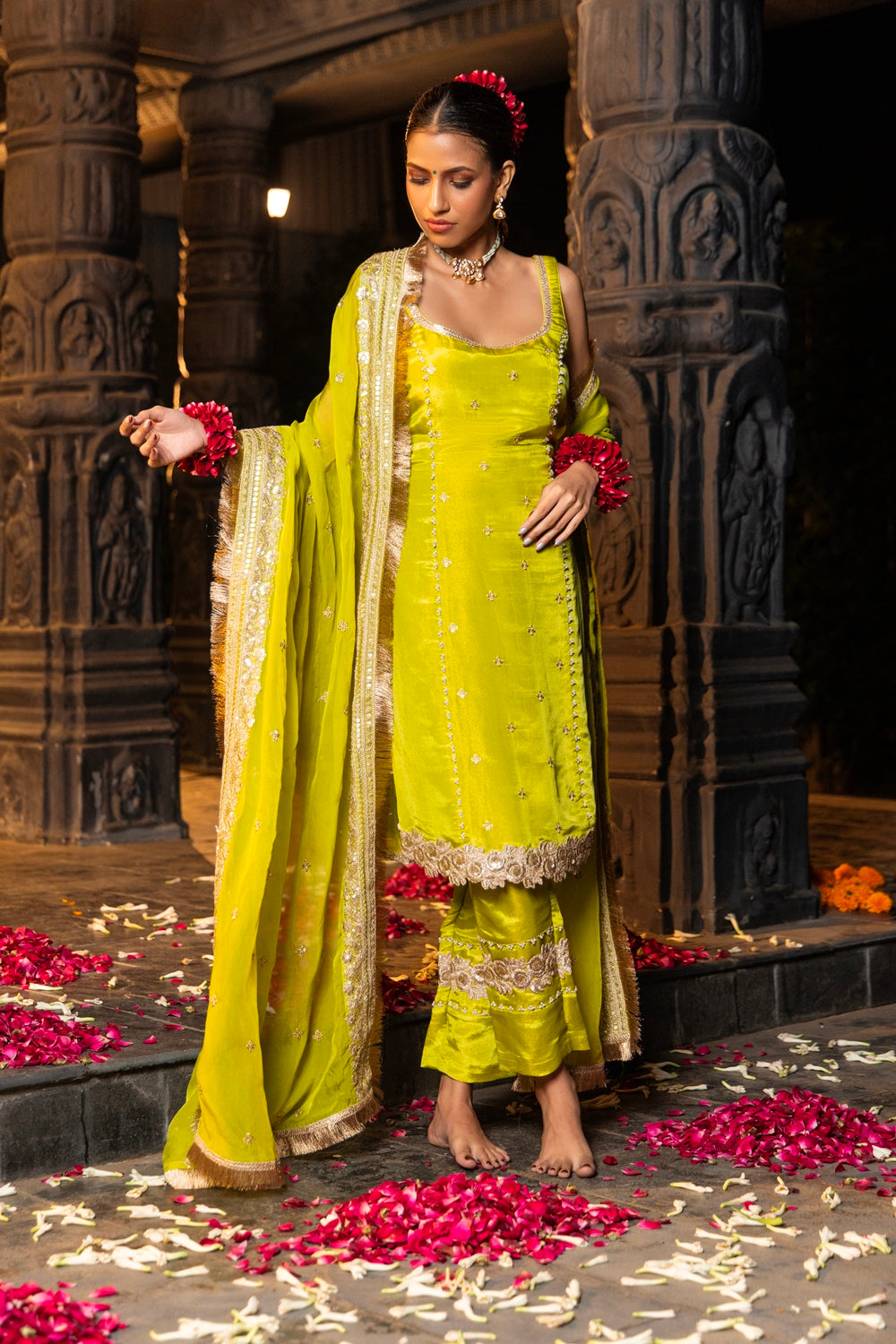 Manika - Straight Kurta, Pants and Dupatta - Lime Green