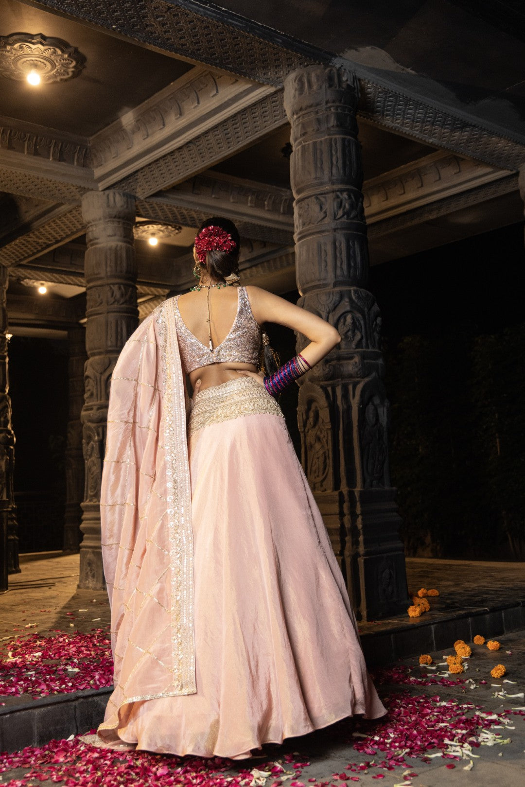 Janaki-Sequin Sleeveless blouse, Lehenga and dupatta -Blush Pink