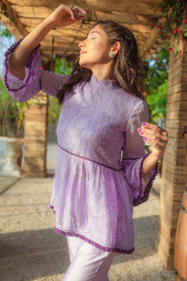 Nazm Flared Chikankari Top & Pants - Veryperi Violet - Monk & Mei