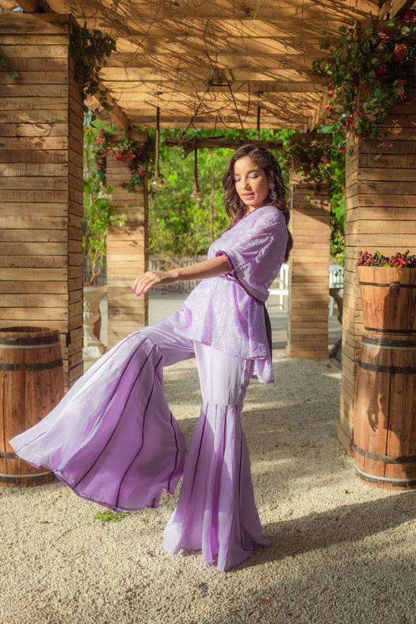 Suraiya Chikankari Kaftan, Sharara & Belt - Veryperi Violet - Monk & Mei