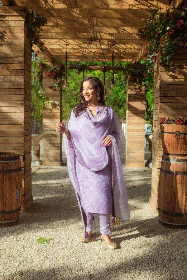 Malak Straight Chikankari Kurta, Pants & Dupatta - Veryperi Violet - Monk & Mei