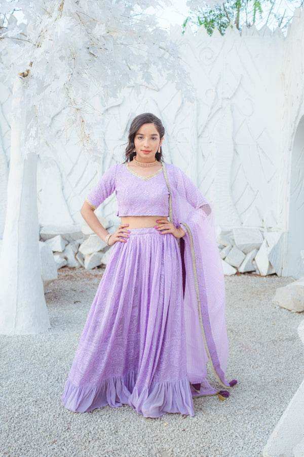Masoom Chikankari Lehenga, Blouse & Dupatta - Veryperi Violet - Monk & Mei