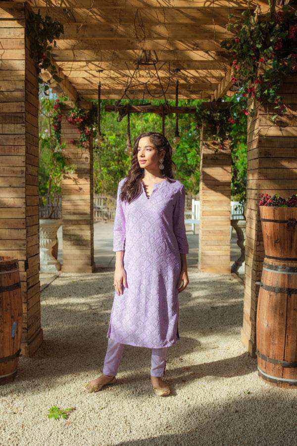 Malak Straight Chikankari Kurta & Pants - Veryperi Violet - Monk & Mei