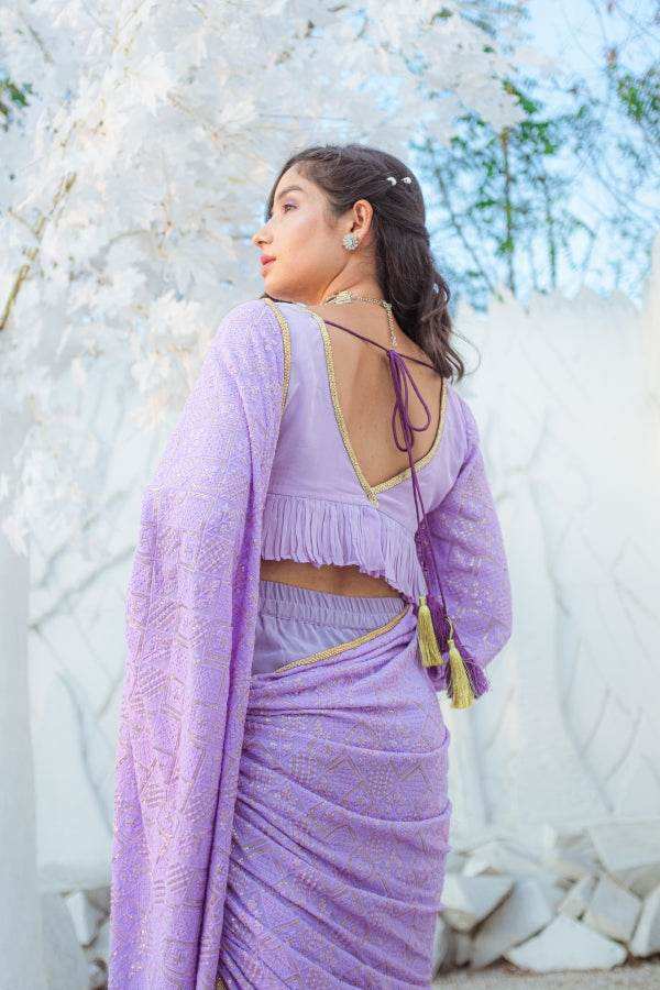 Madhubala Chikankari Fishcut Saree & Blouse - Veryperi violet - Monk & Mei