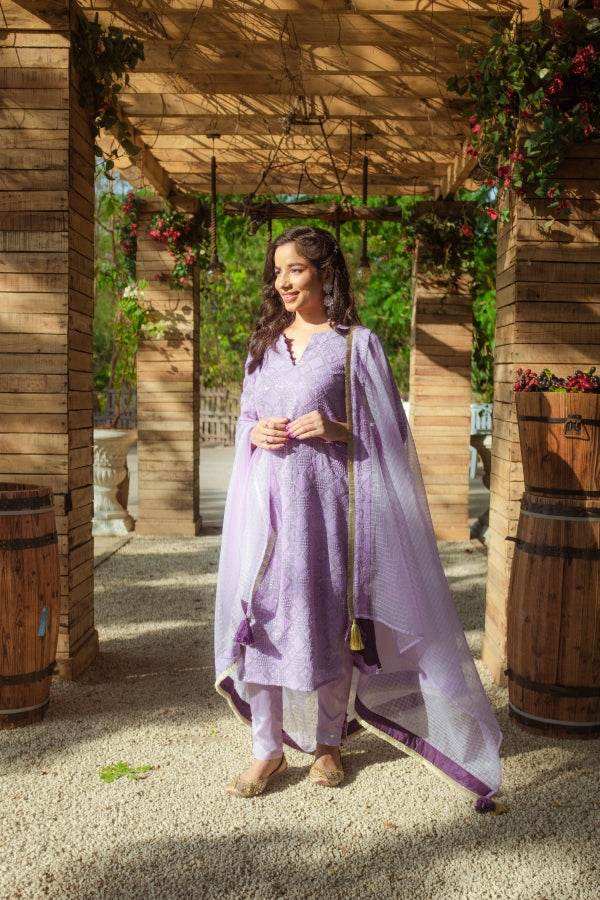 Malak Straight Chikankari Kurta, Pants & Dupatta - Veryperi Violet - Monk & Mei