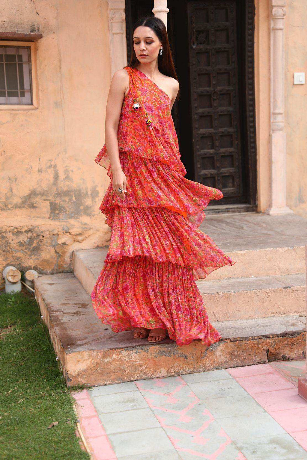 Pari Ruffled Gown - Orange - Monk & Mei