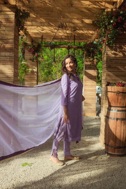 Malak Straight Chikankari Kurta, Pants & Dupatta - Veryperi Violet