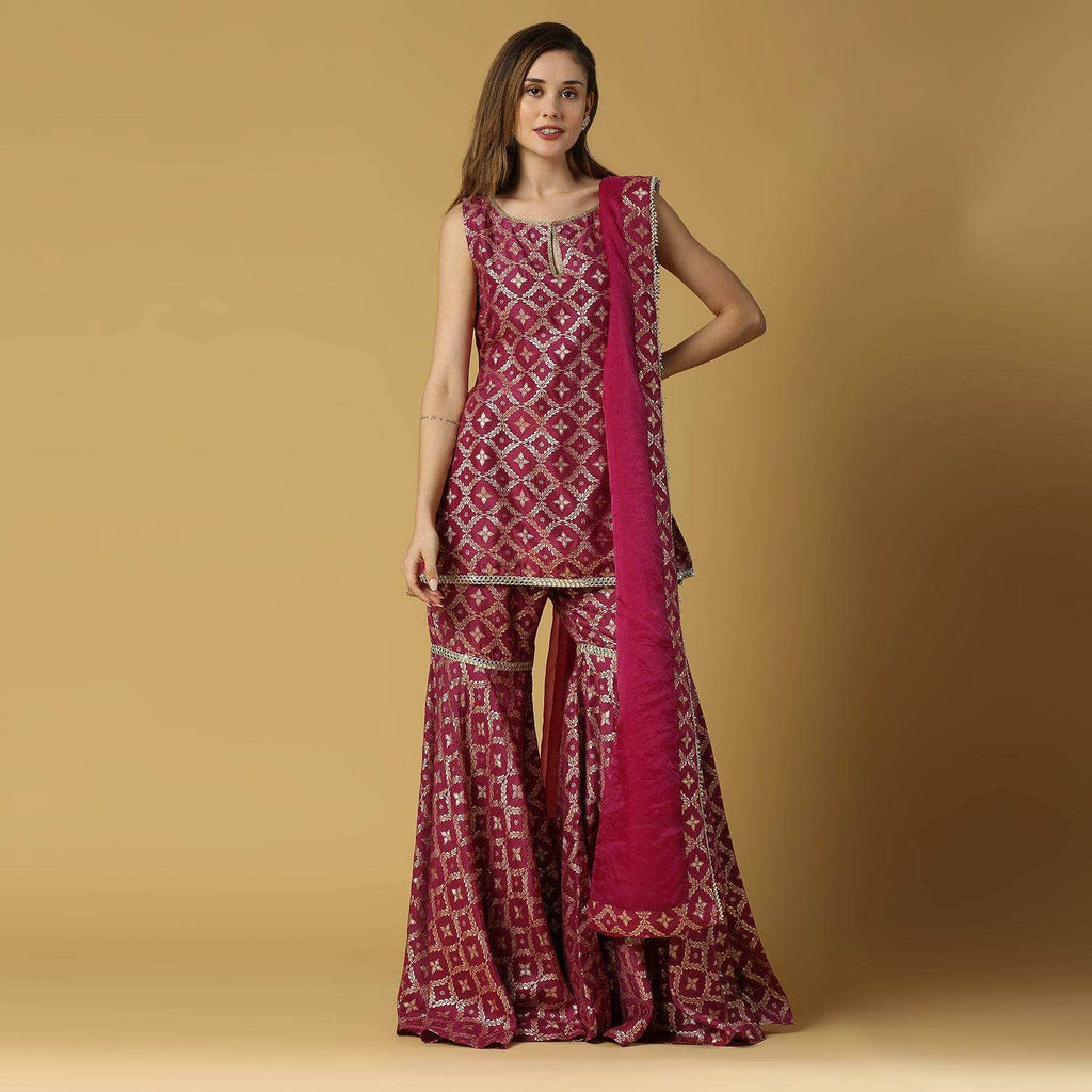 Vani-Kurta, Sharara & Dupatta-Plum Purple - Monk & Mei