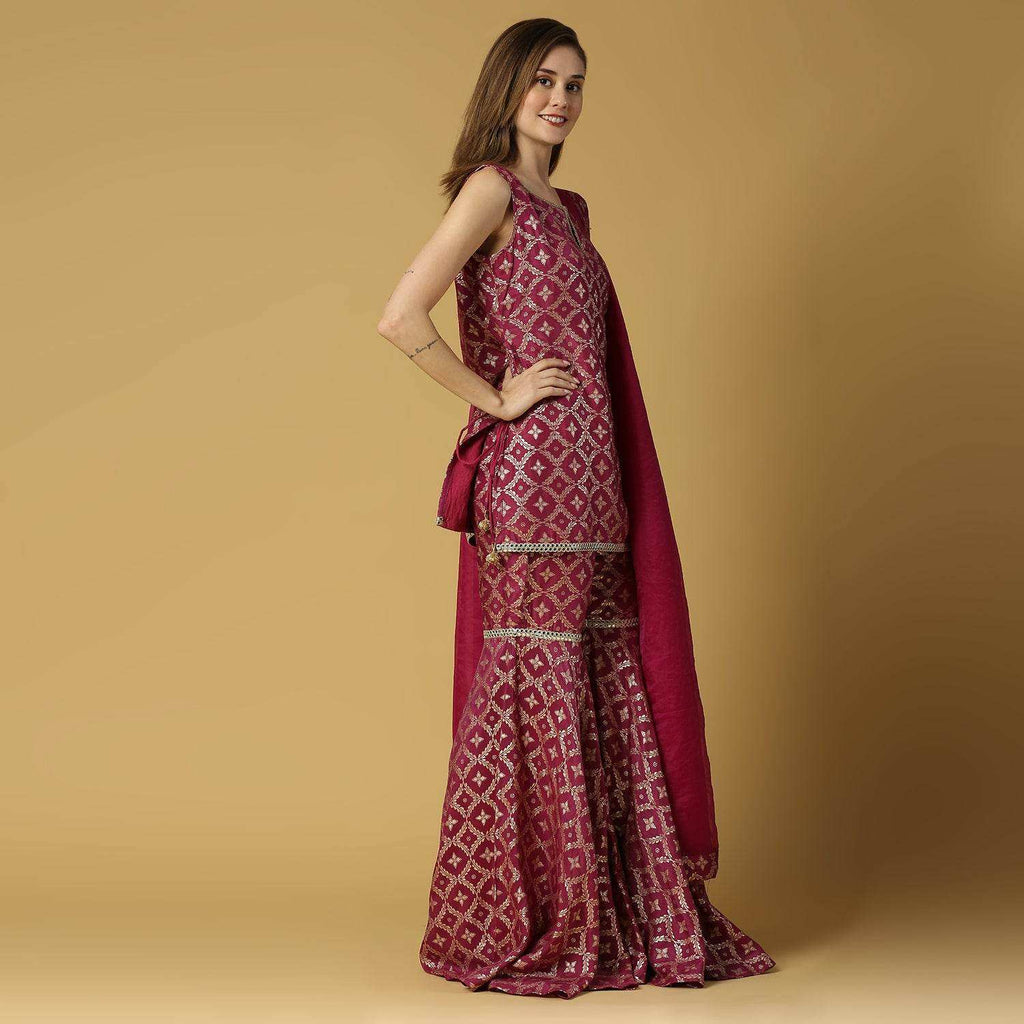 Vani-Kurta, Sharara & Dupatta-Plum Purple - Monk & Mei