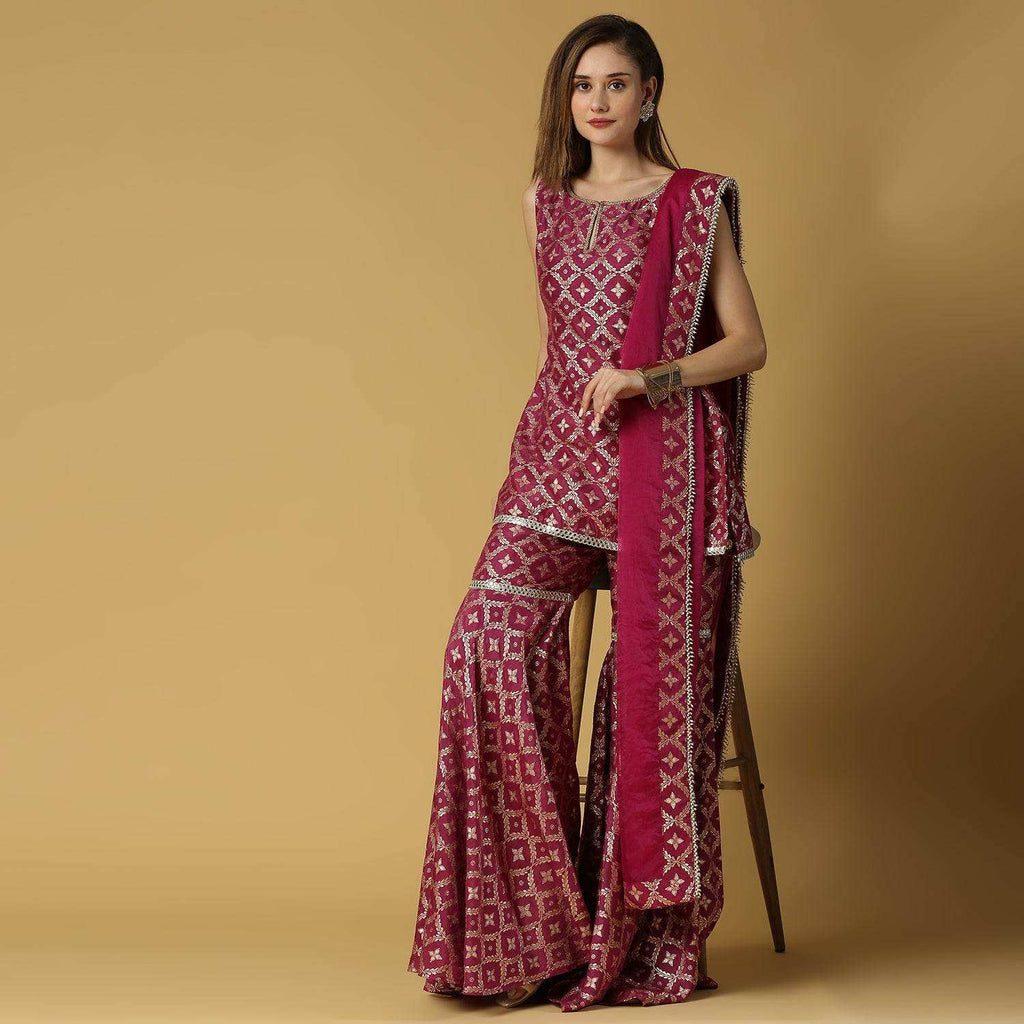 Vani-Kurta, Sharara & Dupatta-Plum Purple - Monk & Mei