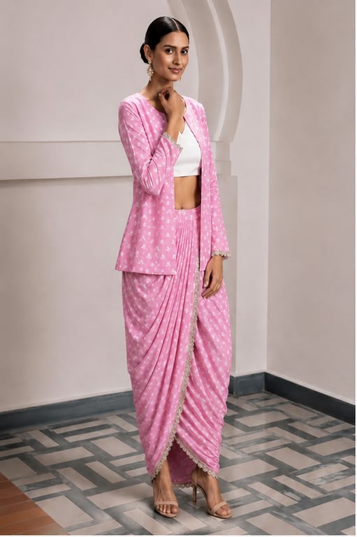 Aaliyah Cotton Jacket Dhoti Set - Blush Pink