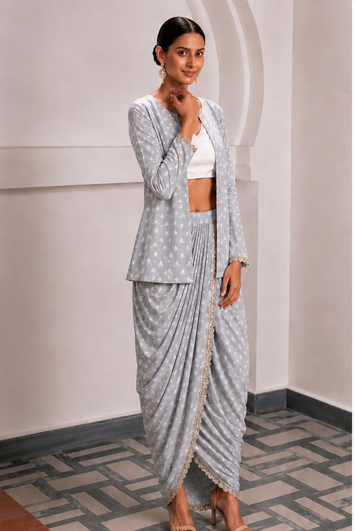 Aaliyah Cotton Jacket Dhoti Set - Grey
