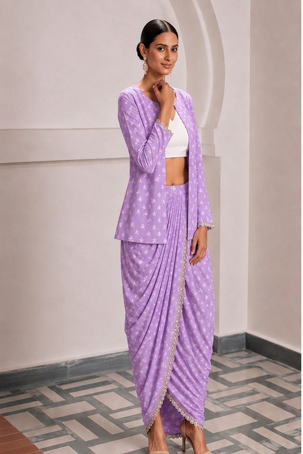 Aaliyah Cotton Jacket Dhoti Set - Lavendar