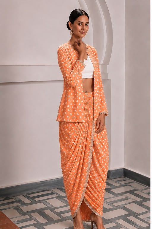 Aaliyah Cotton Jacket Dhoti Set - Orange