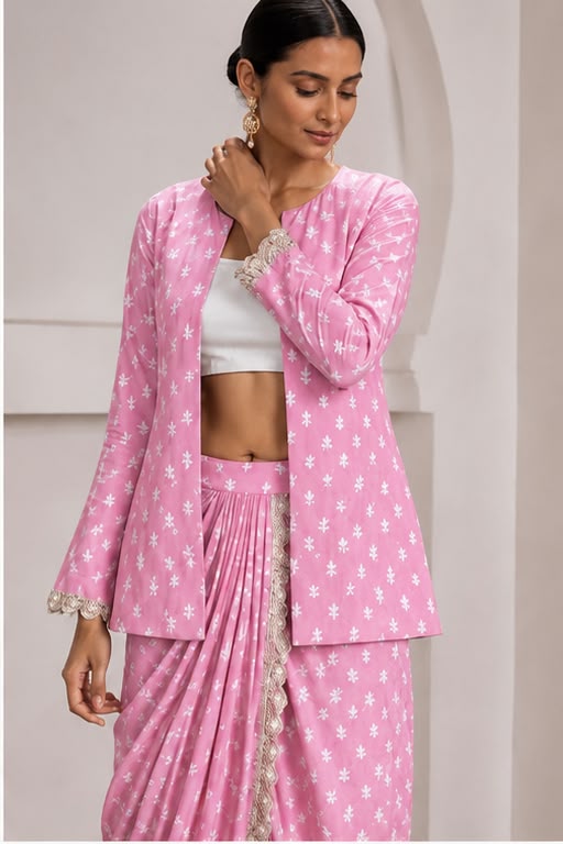 Aaliyah Cotton Jacket Dhoti Set - Blush Pink