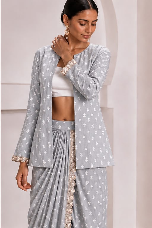 Aaliyah Cotton Jacket Dhoti Set - Grey