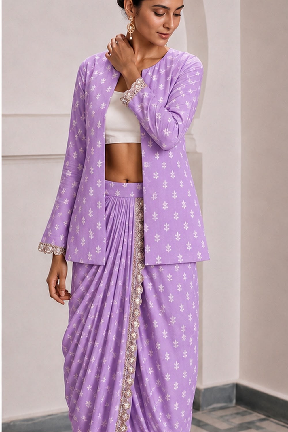 Aaliyah Cotton Jacket Dhoti Set - Lavendar