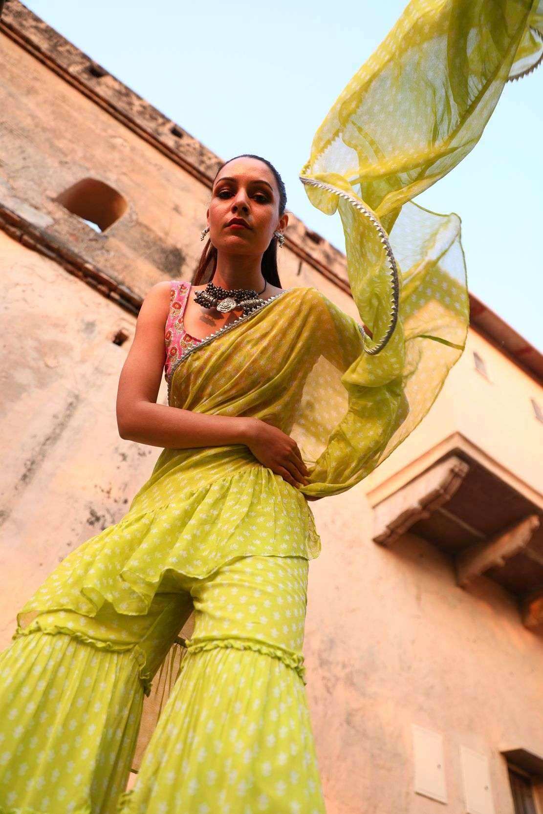 Issh Saree Sharara - Green - Monk & Mei