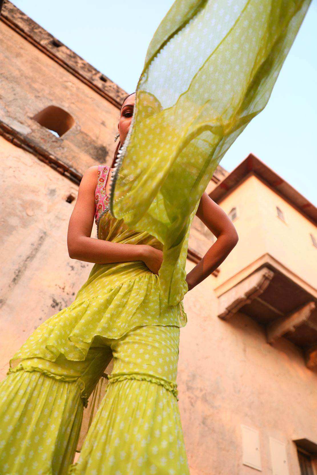 Issh Saree Sharara - Green - Monk & Mei