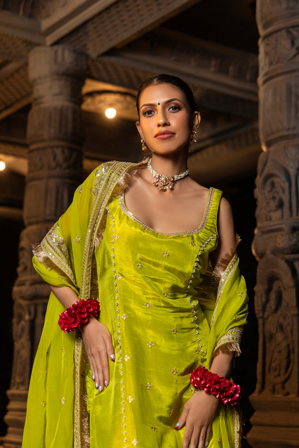 Manika - Straight Kurta, Pants and Dupatta - Lime Green