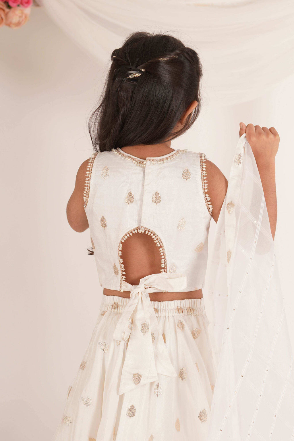 Eden- Blouse, Lehenga and Dupatta Set-White and Rose Gold - Monk & Mei