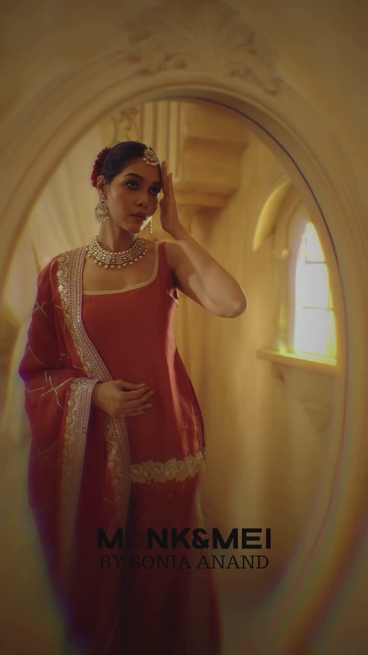 Mihira- Short Kurta, Sharara and Dupatta - Rani Pink