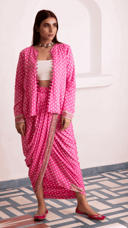 Aaliyah Designer Dhoti Jacket - Pink - Monk & Mei