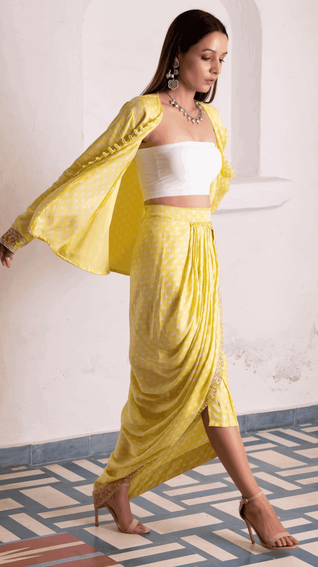 Aaliyah Designer Dhoti Jacket - Yellow - Monk & Mei