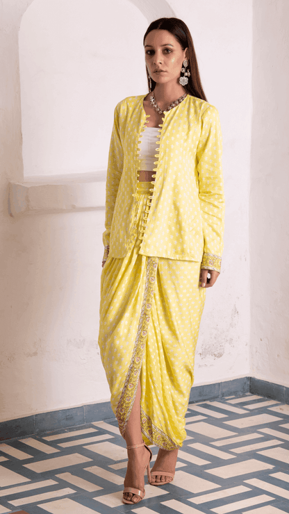 Aaliyah Designer Dhoti Jacket - Yellow - Monk & Mei