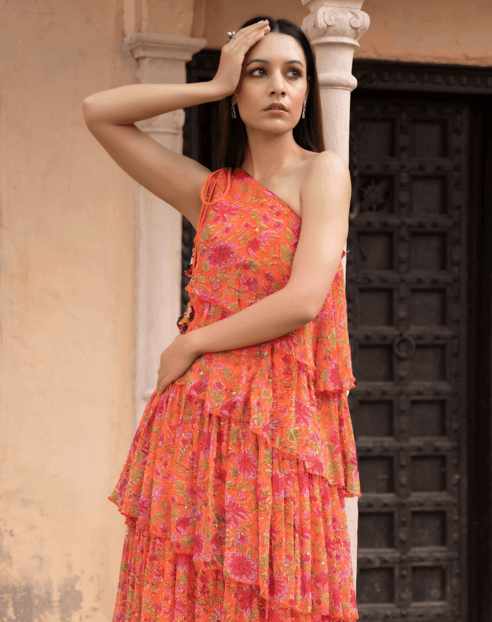 Pari Ruffled Gown - Orange - Monk & Mei
