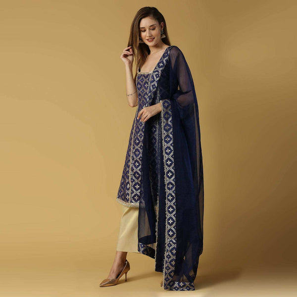 Radha-Sleeveless Kurta Set-Deep Blue