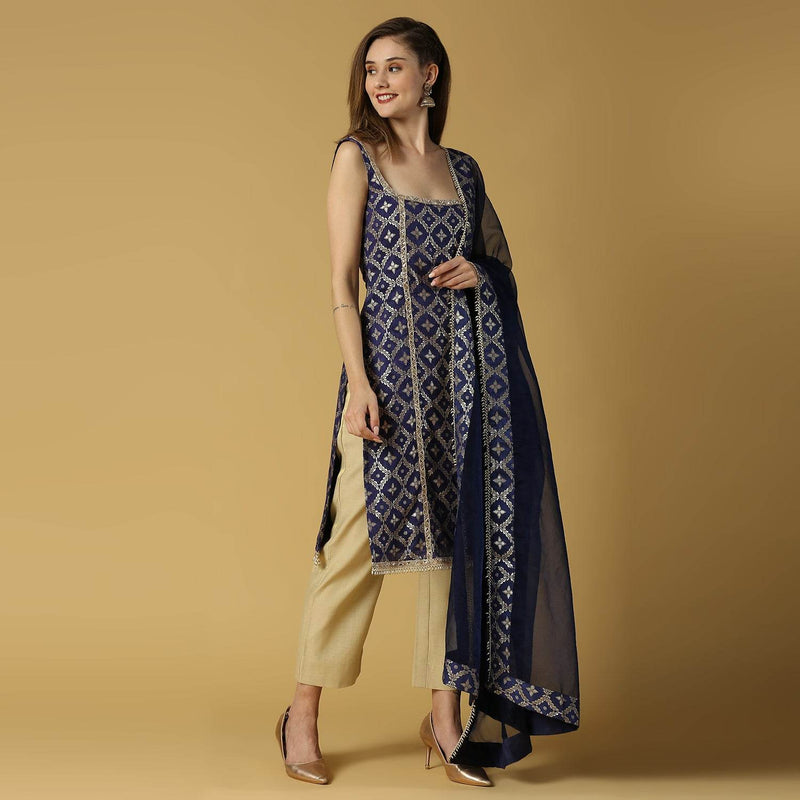 Radha-Sleeveless Kurta Set-Deep Blue