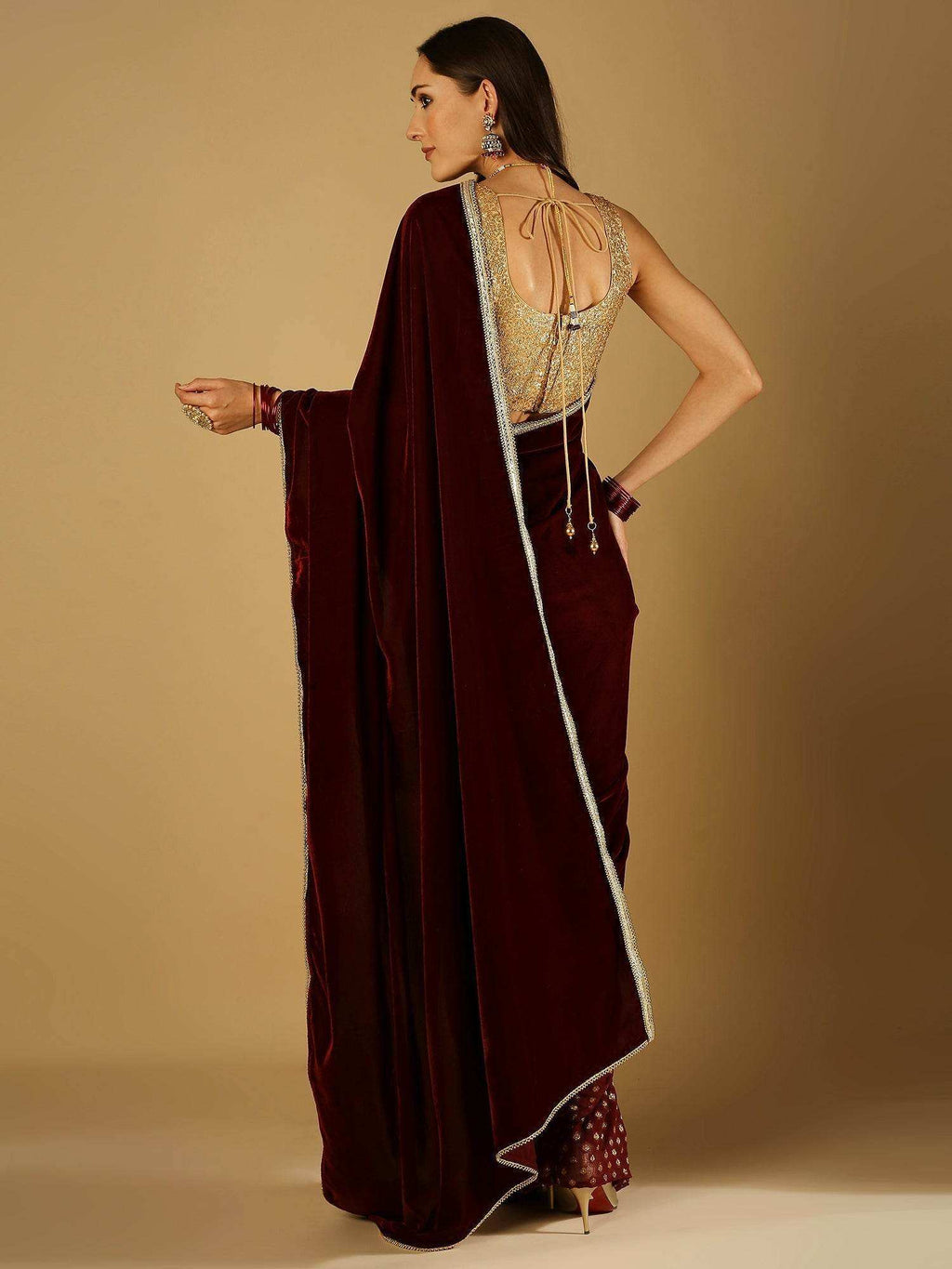Sultana-Saree with blouse & belt - Maroon - Monk & Mei