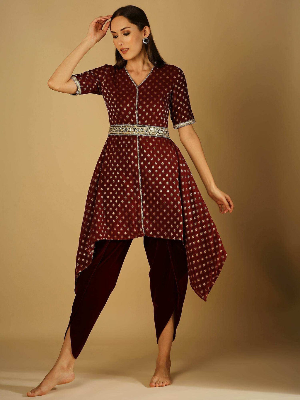 Tamanna-Kurta dhoti Set with Belt - Maroon - Monk & Mei