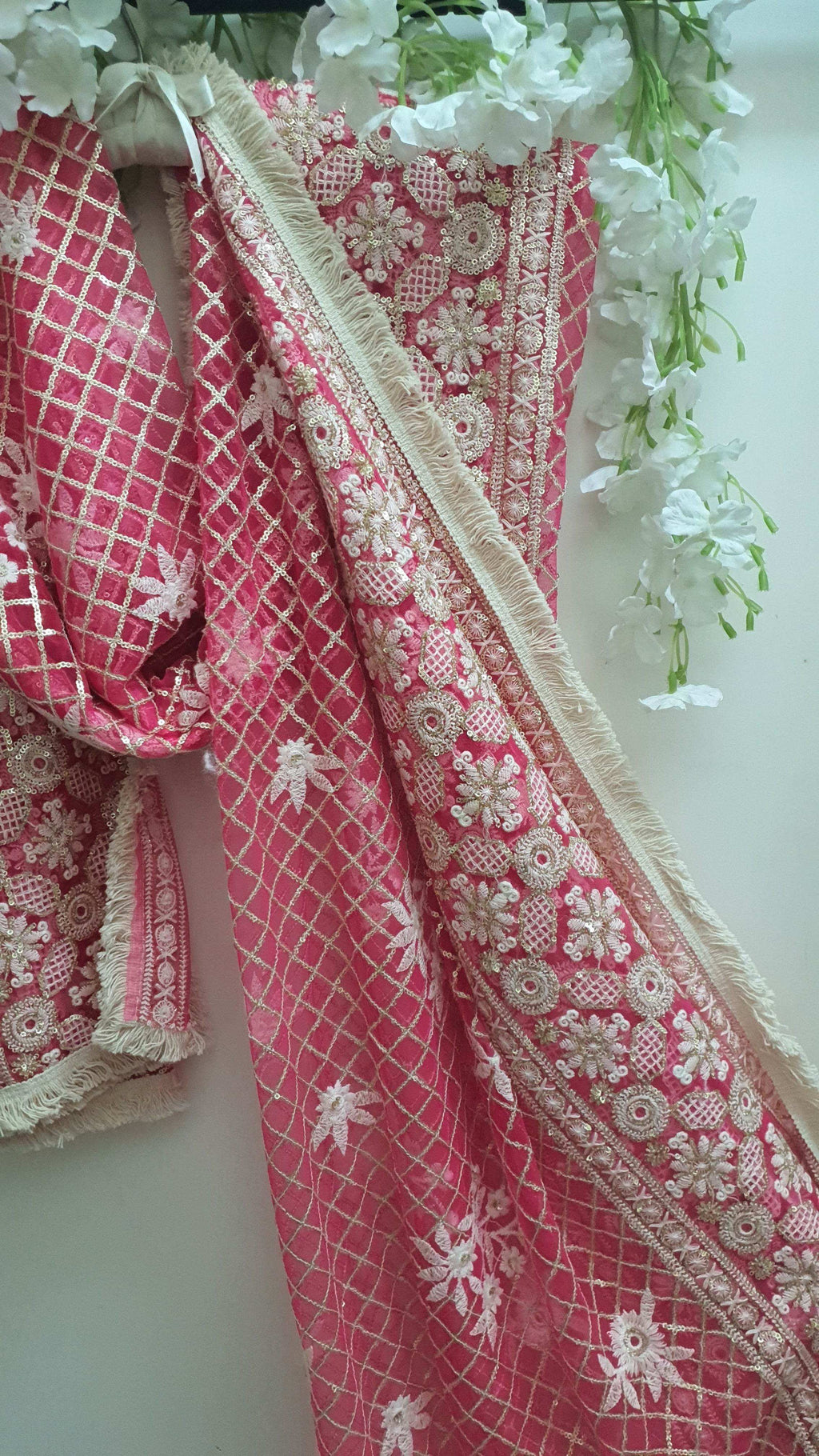 Zari Embroidered Jaal Dupatta - Rani color - Monk & Mei