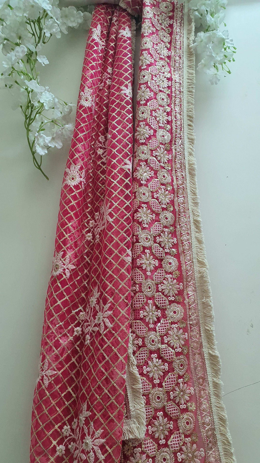Zari Embroidered Jaal Dupatta - Rani color - Monk & Mei