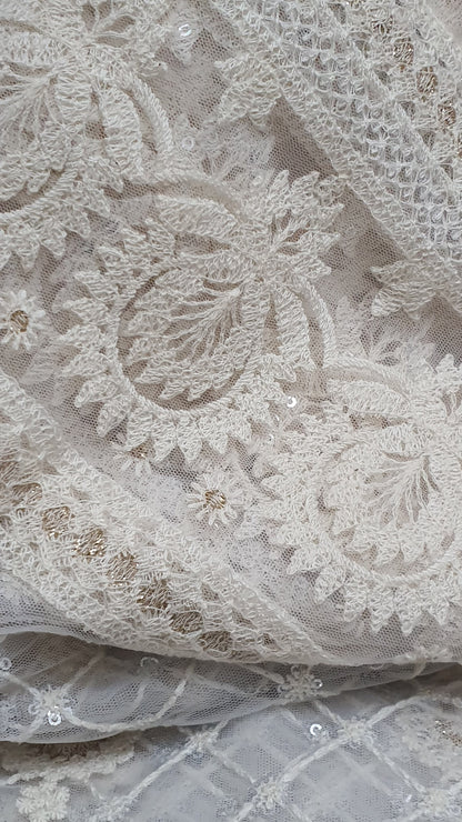 Zari Embroidered Jaal Dupatta - White & Cream color