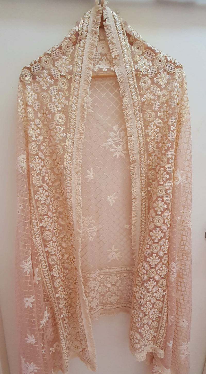 Zari Embroidered Jaal Dupatta - Baby Pink