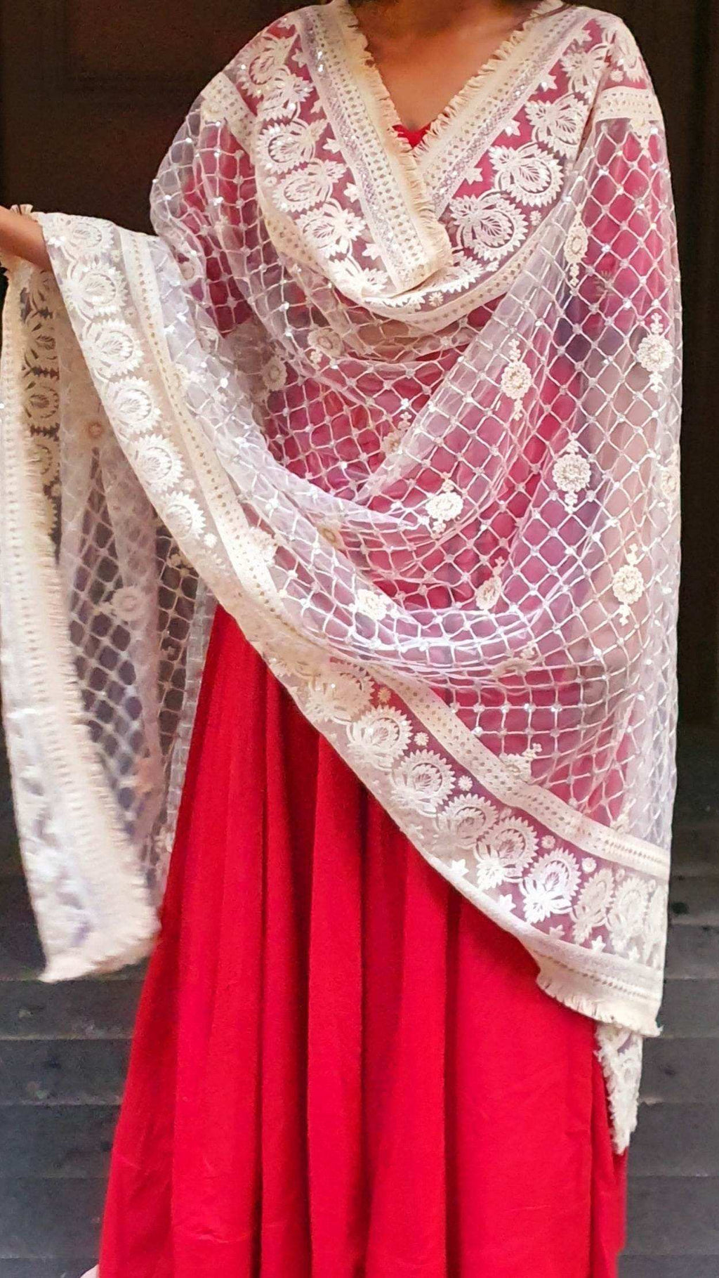 Zari Embroidered Jaal Dupatta - White & Cream color - Monk & Mei