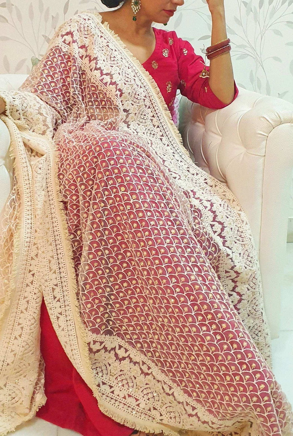 Zari Cream & Gold Embroidered Jaal Dupatta (moroccan) - Monk & Mei