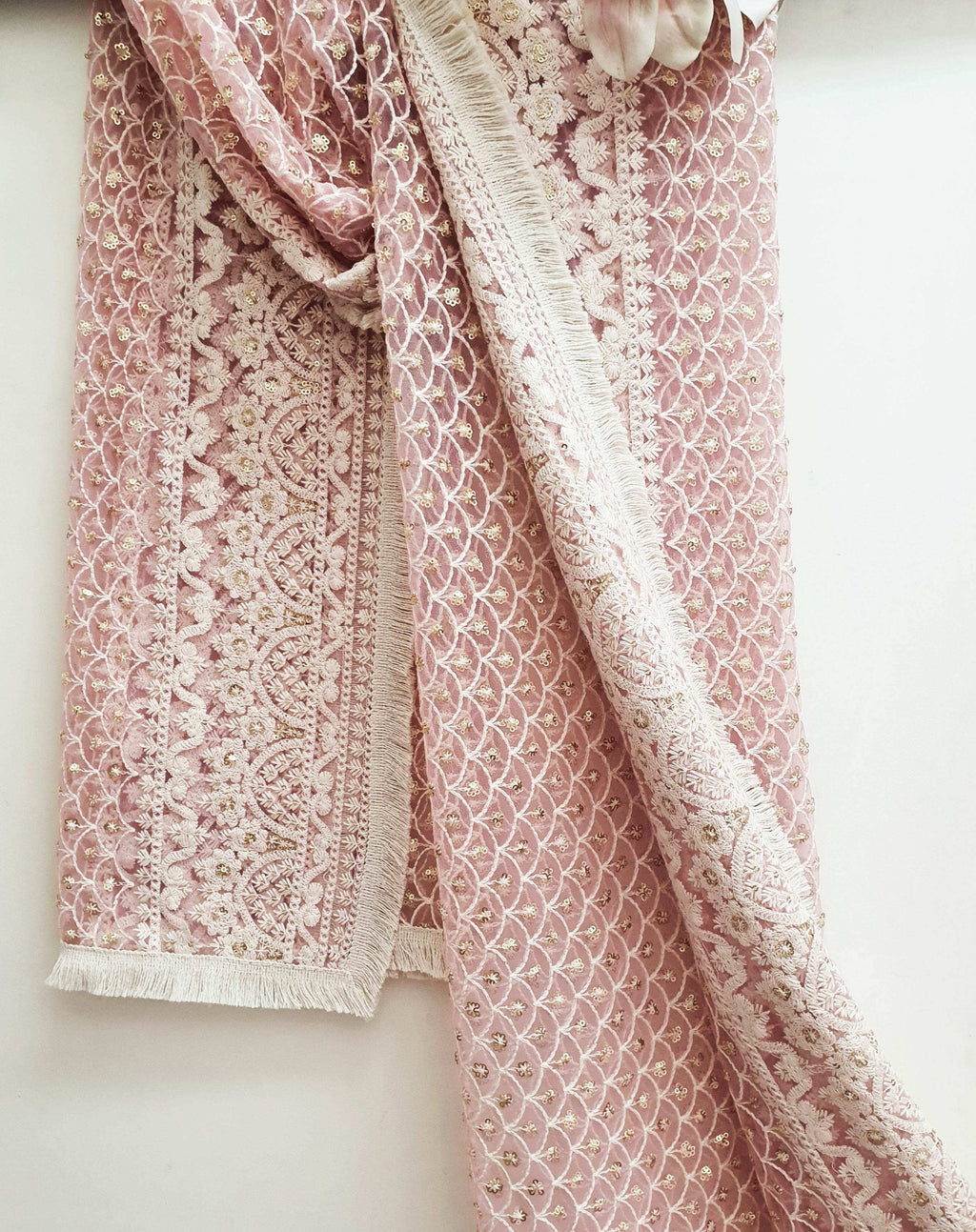 Zari Baby Pink Embroidered Jaal Dupatta (moroccan) - Monk & Mei