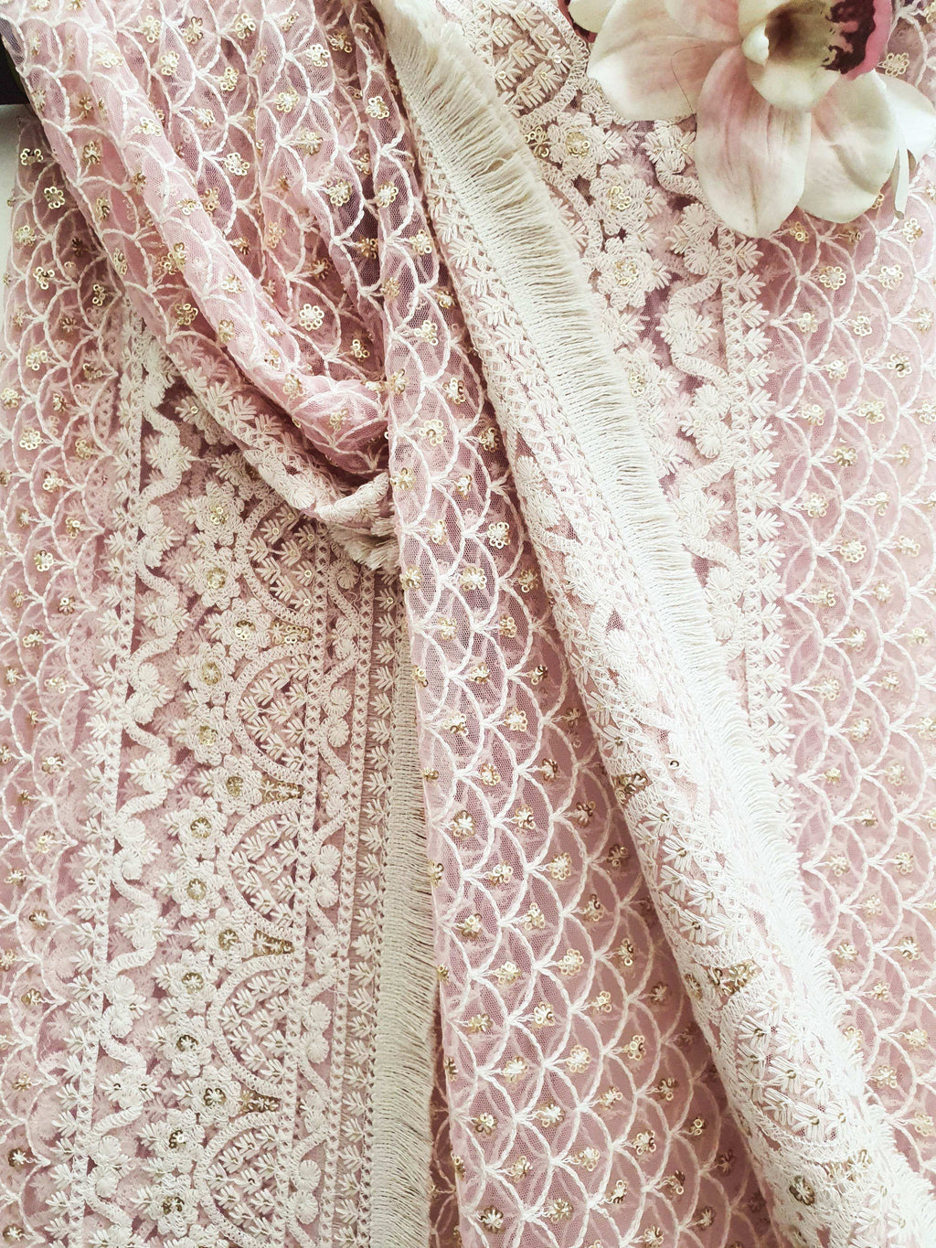 Zari Baby Pink Embroidered Jaal Dupatta (moroccan) - Monk & Mei