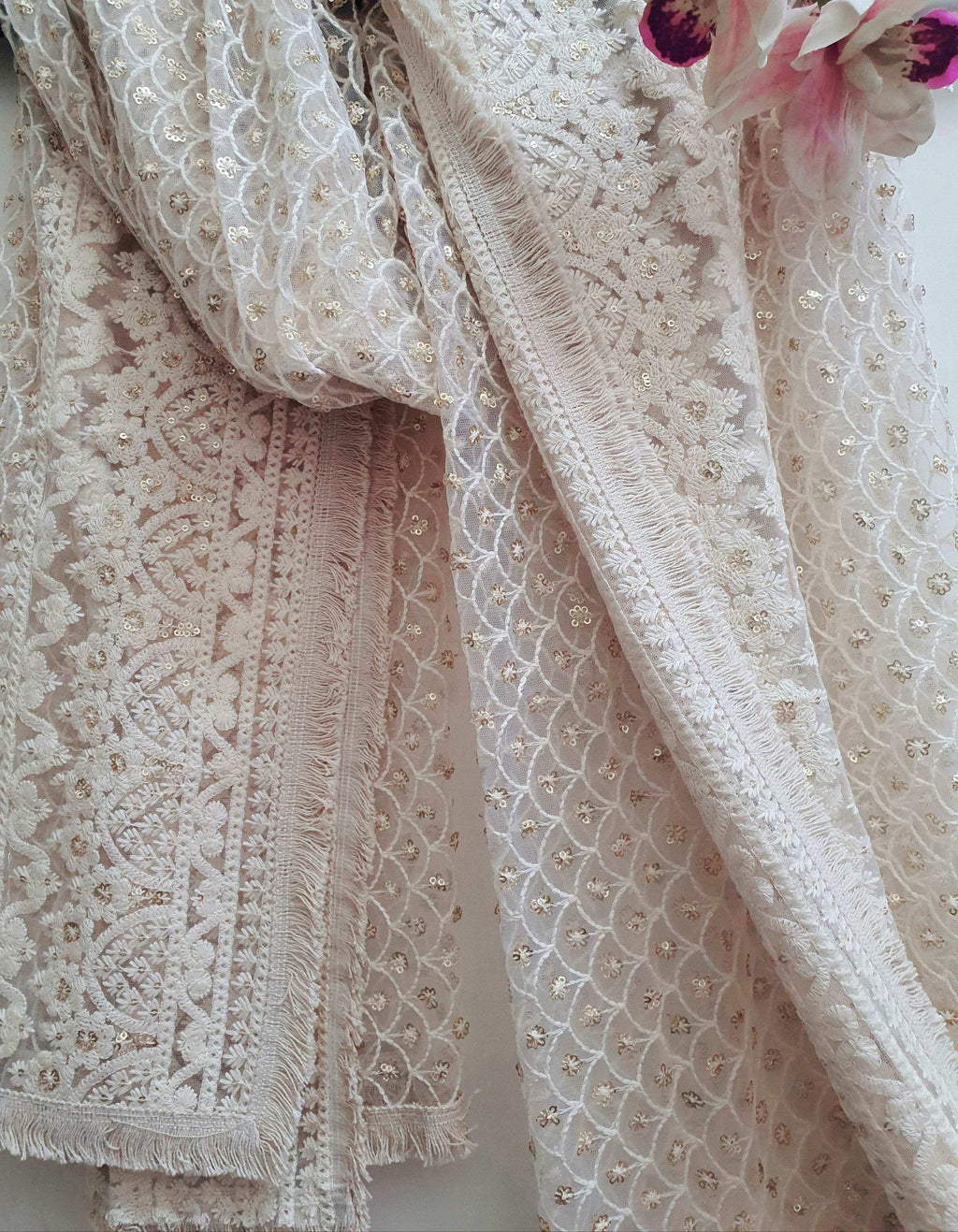 Zari Cream & Gold Embroidered Jaal Dupatta (moroccan) - Monk & Mei