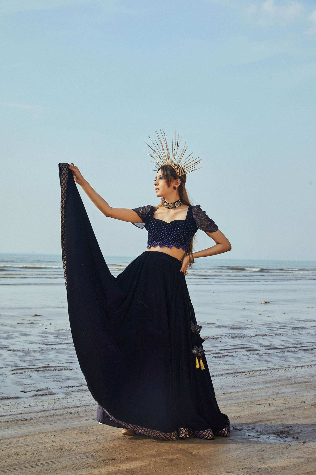 Victoria Blouse, Lehenga & Dupatta- Blue - Monk & Mei