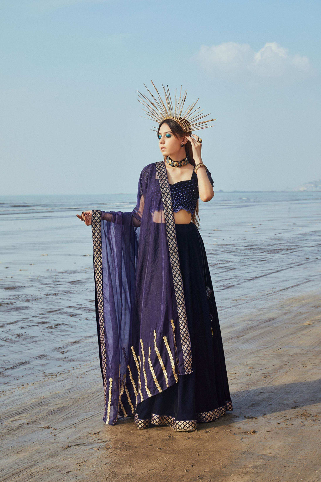 Victoria Blouse, Lehenga & Dupatta- Blue - Monk & Mei