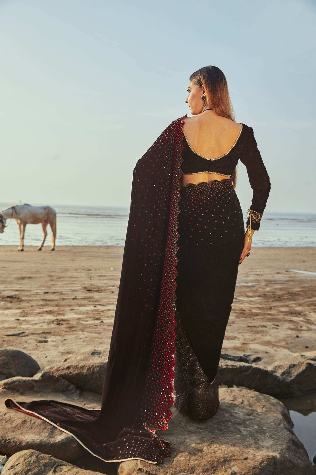 Jane Saree & Blouse- Wine - Monk & Mei