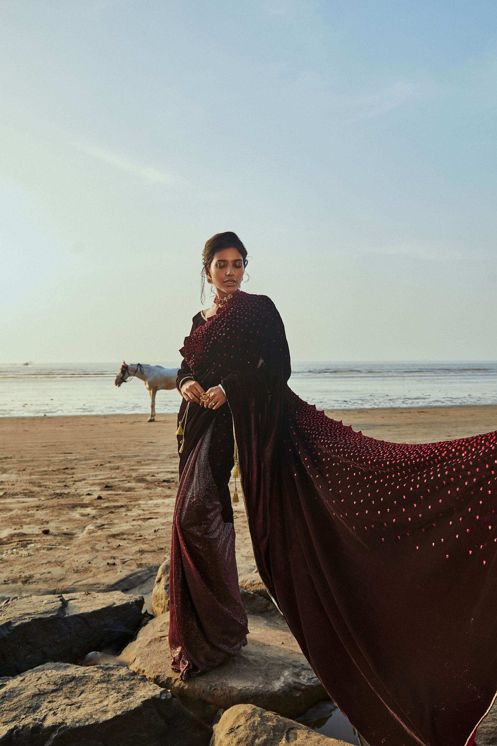 Jane Saree & Blouse- Wine - Monk & Mei